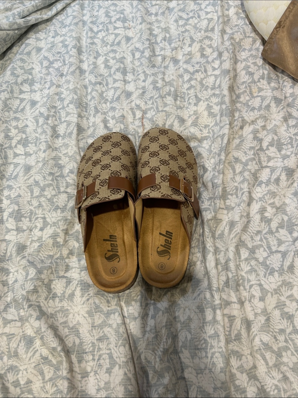 Ella Tan & Brown Patterned Slip-On Clogs with Buckle Detail